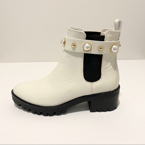 KARL LAGERFELD Pola Leather Off White Pearl Stud Ankle Strap Chelsea Booties NWT - Picture 6 of 16